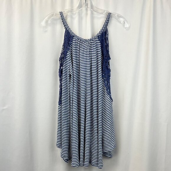Cha Cha Vente Women’s Cold Shoulder Lace Trimmed Blue/White Striped Top M - Picture 7 of 9